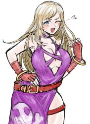 Rule 34 | 1girl, belt, blonde hair, blue eyes, breasts, choker, cleavage, dress, fingerless gloves, gloves, gold bracelet, jenet behrn, large breasts, long hair, looking at viewer, one eye closed, open mouth, purple dress, snk, the king of fighters, the king of fighters xv, thigh strap