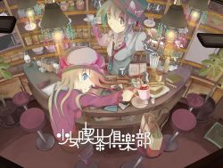Rule 34 | 2girls, bag, bar stool, black headwear, blender (object), blonde hair, blue eyes, book, bow, brown eyes, brown hair, buttons, ceiling light, collarbone, cup, food, foreshortening, hair bow, hat, hat bow, head on table, high heels, highres, holding, holding tray, holding up, lamp, low ponytail, maribel hearn, menu, microwave, mob cap, multiple girls, necktie, notebook, open mouth, pencil case, photo (object), plant, plate, ponytail, potted plant, pouring, red footwear, sandwich, side ponytail, sitting, smile, splashing, spoon, standing, stool, tokoroten (hmmuk), touhou, translation request, tray, usami renko, white bow
