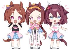 3girls alternate_costume belt blue_eyes brown_eyes brown_hair chibi ehogari flower hair_between_eyes hair_flaps hair_ornament horse_girl horse_tail long_hair looking_at_viewer multiple_girls open_mouth pink_hair ribbon sakura_bakushin_o_(umamusume) sakura_chiyono_o_(umamusume) sakura_laurel_(umamusume) simple_background standing tail umamusume victory_club_(umamusume) white_background