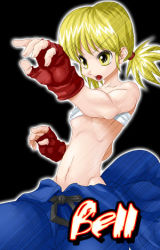 Rule 34 | 1girl, bandages, bell (ssf4), black background, blonde hair, breasts, child, female focus, fingerless gloves, gloves, glowing, lowres, navel, shin (studios), short hair, short twintails, small breasts, solo, super strip fighter 4, twintails, yellow eyes
