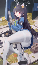 Rule 34 | 1girl, absurdres, ahoge, animal ears, binoculars, black gloves, black hair, blue archive, blue skirt, blunt bangs, blush, bolt action, breasts, bright pupils, commentary request, fake animal ears, gloves, green neckerchief, gun, halo, highres, knee pads, ku qiao kujo, leaf, leaf on head, long hair, looking at viewer, miyu (blue archive), mosin-nagant, neckerchief, no shoes, on ground, on head, open mouth, panties, pantyhose, pleated skirt, red eyes, rifle, single knee pad, skirt, small breasts, sniper rifle, solo, tearing up, thermos, trash can, underwear, very long hair, weapon, white panties, white pantyhose, white pupils