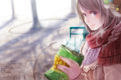 Rule 34 | 1girl, aka tonbo (lovetow), blue eyes, blush, brown hair, hair ornament, holding, looking at viewer, original, packet, scarf, shadow, smile, solo, sunlight, tree