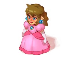Rule 34 | 1boy, absurdres, blue eyes, blush, brooch, brown hair, chibi, chibi only, clenched hands, combos &amp; doodles, cosplay, crossdressing, crossover, dress, earrings, elbow gloves, full body, gloves, highres, jewelry, link, long hair, mario (series), nintendo, pink dress, pointy ears, ponytail, princess peach, princess peach (cosplay), puffy short sleeves, puffy sleeves, short sleeves, simple background, solo, sphere earrings, super mario rpg, the legend of zelda, white background, white gloves