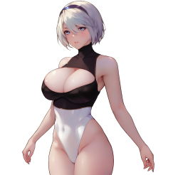 Rule 34 | 2b (nier:automata), absurdres, aztodio, bad id, bad twitter id, bare arms, bare shoulders, black hairband, blue eyes, blush, breasts, cleavage, cleavage cutout, clothing cutout, covered navel, hairband, heattech leotard, highleg, highleg leotard, highres, large breasts, leotard, looking at viewer, nier:automata, nier (series), parted lips, short hair, simple background, thighs, turtleneck, white background, white hair, white leotard