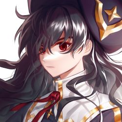 Rule 34 | 1girl, black hair, dan123, frown, hat, highres, long hair, looking at viewer, lord of heroes, pale skin, pirate, pirate hat, red eyes, rosanna devicci, rosanna devicci (dark), white background