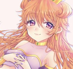 Rule 34 | 1girl, artist name, artist request, blush, bracelet, breasts, brown hair, butterfly (love live!), choker, cleavage, clothing cutout, collarbone, cropped shirt, crown, detached sleeves, double bun, dress, dress shirt, earrings, female focus, fingers together, floating hair, gold bracelet, hair between eyes, hair bun, hair rings, harem outfit, jewelry, konoe kanata, long hair, looking at viewer, love live!, love live! nijigasaki high school idol club, love live! school idol festival, nail, nail polish, navel, own hands together, parted lips, puffy short sleeves, puffy sleeves, purple eyes, purple nail polish, purple nails, purple shirt, shirt, short sleeves, shorts, shoulder cutout, smile, solo, two side up, upper body, white background, yellow bracelet, yellow choker
