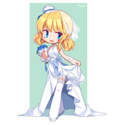 Rule 34 | 1girl, :d, arnold-s, bad id, bad pixiv id, bare shoulders, blonde hair, blue eyes, blue flower, blue rose, blush stickers, bouquet, character name, commentary, dixie cup hat, dress, flower, garter straps, hair between eyes, hair ornament, hat, heart, heart hair ornament, highres, holding, holding bouquet, long hair, looking at viewer, military hat, mini hat, omaha (warship girls r), open mouth, rose, sleeveless, sleeveless dress, smile, solo, standing, thighhighs, warship girls r, white dress, white hat, white thighhighs