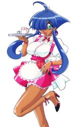 Rule 34 | 1990s (style), 1girl, ahoge, aqua eyes, blue hair, breasts, cacao (lamune), character name, clothes writing, cup, dark-skinned female, dark skin, earrings, forearms at chest, hair over one eye, holding, holding tray, jewelry, kuroda kazuya, large breasts, leg up, long hair, looking at viewer, non-web source, official art, open mouth, puffy sleeves, red footwear, retro artstyle, short hair with long locks, short sleeves, sidelocks, skirt, solo, transparent background, tray, underbust, vs knight lamune &amp; 40 fire, waitress, wristband