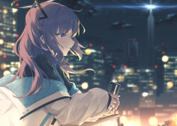 Rule 34 | 1girl, amazumi, black coat, black halo, blazer, blue archive, blue eyes, blue hair, blue necktie, can, city lights, cityscape, closed mouth, coat, commentary, halo, highres, holding, holding can, jacket, long hair, long sleeves, looking ahead, mechanical halo, mixed-language commentary, necktie, night, night sky, off shoulder, open clothes, open jacket, puffy long sleeves, puffy sleeves, scenery, sideways mouth, sky, smile, solo, triangle hair ornament, two side up, white jacket, yuuka (blue archive)