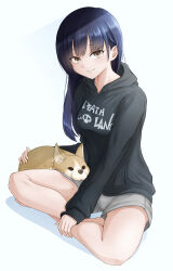 Rule 34 | 1girl, absurdres, black hair, black hoodie, boku no kokoro no yabai yatsu, brown eyes, closed mouth, commentary request, dog, grey shorts, highres, hood, hoodie, long hair, looking at viewer, mole, mole on neck, multiple moles, on ground, print hoodie, sacra (sacrabokuyaba), shorts, simple background, sitting, smile, solo, white background, yamada anna