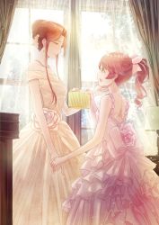 Rule 34 | 2girls, alternate costume, back, bloom, bow, box, brown eyes, brown hair, commentary request, curtains, day, dress, drill hair, drill ponytail, drop earrings, earrings, flower, hair bow, hair bun, hair intakes, hand on another&#039;s cheek, hand on another&#039;s face, height difference, highres, holding, holding box, holding hands, huge bow, idolmaster, idolmaster cinderella girls, indoors, jewelry, lamp, light particles, lips, long hair, looking at another, multiple girls, necklace, open mouth, pastry box, pearl necklace, peppe, red hair, rose, shiina noriko, sidelocks, single hair bun, strapless, strapless dress, wedding dress, wife and wife, window, yuri, zaizen tokiko