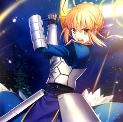 Rule 34 | 1girl, ahoge, armor, armored dress, artoria pendragon (fate), blonde hair, excalibur (fate/stay night), fate/grand order, fate/stay night, fate (series), fuyuki (neigedhiver), green eyes, incoming attack, looking at viewer, open mouth, saber (fate), solo