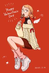 Rule 34 | 1girl, ashiashi, blonde hair, braid, brown eyes, candy, chocolate, chocolate heart, dated, earrings, final fantasy, final fantasy xii, food, full body, glasses, hair ornament, happy valentine, heart, highres, jewelry, long hair, looking at viewer, nail polish, open mouth, penelo, ring, shoes, simple background, skirt, smile, sneakers, solo, sweater, twin braids, twintails, x hair ornament