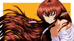 Rule 34 | 1girl, bare shoulders, clenched teeth, commentary, eyebrows hidden by hair, furrowed brow, hair tubes, helck, highres, ibumuc, long hair, off shoulder, pointy ears, red hair, solo, teeth, upper body, v-shaped eyebrows, vermilio (helck)