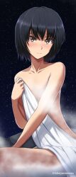 Rule 34 | 1girl, absurdres, amagami, bare shoulders, bathing, black hair, blush, bob cut, breasts, brown eyes, closed mouth, commentary request, highres, looking at viewer, medium breasts, mitojyaneeeeyo, naked towel, nanasaki ai, nude, onsen, outdoors, short hair, smile, solo, steam, towel, twitter username, water