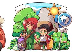 Rule 34 | 2boys, aged down, backpack, bag, black hair, blue sky, bottle, bush, car, gakuran, green eyes, highres, holding hands, jojo no kimyou na bouken, kakyoin noriaki, kuujou joutarou, male focus, motor vehicle, multiple boys, open mouth, purple eyes, red hair, road sign, rolling suitcase, school uniform, sign, sky, sleeves rolled up, suitcase, thumbs up, to be continued, tree, vehicle, ytr