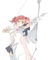 Rule 34 | 1girl, arrow (projectile), bow (weapon), cleavage cutout, clothing cutout, dress, dual persona, frilled dress, frills, gloves, highres, kaname madoka, kurumi (recycllamo), long hair, magical girl, mahou shoujo madoka magica, mahou shoujo madoka magica (anime), mitakihara school uniform, pink hair, school uniform, short twintails, single glove, single wing, smile, solo, twintails, ultimate madoka, weapon, white dress, white gloves, wings, yellow eyes