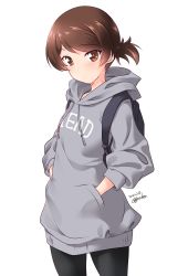 Rule 34 | 1girl, black pantyhose, blush, brown eyes, brown hair, casual, closed mouth, clothes writing, commentary, cowboy shot, dated, drawstring, dress, girls und panzer, grey dress, hands in pockets, highres, hood, hood down, hooded dress, hoodie, kawanishi shinobu, kuzuryuu kennosuke, looking at viewer, one-hour drawing challenge, pantyhose, short hair, short ponytail, simple background, solo, standing, sweater, sweater dress, swept bangs, twitter username, white background