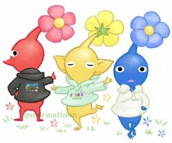 3others black_hoodie blue_flower blue_pikmin blue_skin closed_eyes colored_skin commentary_request copyright_name crossed_ankles flower grass green_hoodie hand_on_own_hip hood hood_down hoodie long_sleeves looking_back marmellmin multiple_others nintendo outstretched_arm outstretched_arms pikmin_(series) pointy_ears print_hoodie purple_pikmin red_flower red_pikmin red_skin rock_pikmin solid_oval_eyes standing standing_on_one_leg thumbs_up triangle_mouth twitter_username white_background white_hoodie white_pikmin yellow_flower yellow_pikmin yellow_skin