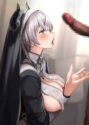 1boy 1girl areola_slip arou_(arrow_x666) black_dress black_veil blush breast_curtains breasts censored cleavage clothed_female_nude_male dress erection green_eyes grey_hair habit hetero highres hololive imminent_fellatio large_breasts large_penis long_hair long_sleeves looking_at_penis mosaic_censoring nipple_slip nipples no_bra nude nun official_alternate_costume official_alternate_hair_length official_alternate_hairstyle open_mouth penis penis_awe shirogane_noel shirogane_noel_(nun) tongue tongue_out veil virtual_youtuber