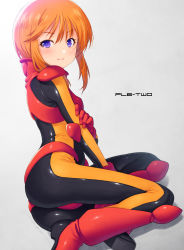 Rule 34 | 1girl, absurdres, ass, black bodysuit, blush, bodysuit, breasts, from behind, frown, grey background, gundam, gundam zz, highres, kazuma muramasa, looking at viewer, looking back, lying, on side, orange hair, pilot suit, purple eyes, puru two, shiny clothes, shiny skin, short hair, skin tight, solo