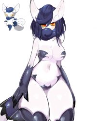 Rule 34 | 1girl, animal ears, blue hair, breasts, cleavage, colored sclera, colored skin, covered mouth, cowboy shot, creatures (company), dark blue hair, game freak, gen 6 pokemon, highres, large breasts, meowstic, navel, nintendo, pokemon, pokemon (creature), red eyes, simple background, solo, standing, thick thighs, thighs, usa37107692, white background, white skin, yellow sclera