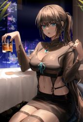 Rule 34 | 1girl, absurdres, alcohol, bad id, bad pixiv id, black skirt, blue eyes, blue nails, blush, breasts, brown hair, brown thighhighs, cleavage, commentary, commission, covered collarbone, crop top, cup, ear piercing, earrings, hair between eyes, highres, holding, holding cup, hoop earrings, ice, ice cube, indoors, jewelry, large breasts, long hair, long sleeves, looking at viewer, miniskirt, minttchocok, multiple rings, nail polish, necklace, night, open mouth, original, piercing, ponytail, pulled by self, ring, sitting, skindentation, skirt, solo, stomach, strap pull, sweatdrop, table, thighhighs, very long hair, whiskey, window