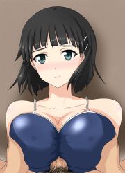 Rule 34 | 10s, 1boy, 1girl, animated, animated gif, bare shoulders, black hair, blush, breasts, censored, cleavage, competition school swimsuit, covered erect nipples, hair ornament, hairclip, hetero, juno (pixiv32541104), kirigaya suguha, large breasts, looking at viewer, male pubic hair, mosaic censoring, one-piece swimsuit, paizuri, paizuri over clothes, paizuri under clothes, penis, pov, pubic hair, school swimsuit, short hair, swimsuit, sword art online