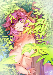 Rule 34 | 1girl, breasts, commentary request, completely nude, convenient censoring, dated, elf, forest, hair between eyes, highres, hisahiko, large breasts, leaf, leaf censor, long hair, looking at viewer, nature, nude, original, pink eyes, pink hair, pointy ears, smile, solo, tree