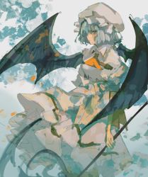 Rule 34 | 1girl, ascot, bat wings, batsu koseidai, black wings, blue hair, bow, collared dress, commentary, dress, from side, hat, highres, holding, holding weapon, mob cap, one-hour drawing challenge, orange ascot, orange eyes, protected link, puffy short sleeves, puffy sleeves, remilia scarlet, short sleeves, solo, touhou, waist bow, weapon, white dress, white hat, wings