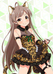 Rule 34 | 1girl, ahoge, alternate costume, alternate hairstyle, animal ears, animal print, arm behind back, arm belt, armpit crease, bare shoulders, belt, black collar, blush, boots, bow, breasts, brown footwear, brown hair, chain, cleavage, closed mouth, collar, commentary request, dress, fingerless gloves, frilled dress, frills, fur-trimmed footwear, fur-trimmed gloves, fur collar, fur trim, gaogao leopard (idolmaster), garter straps, gem, gloves, goma konbu, green bow, hakozaki serika, highres, idolmaster, idolmaster million live!, idolmaster million live! theater days, kneeling, layered dress, leaning back, leopard ears, leopard girl, leopard print, leopard tail, long hair, looking at viewer, looking to the side, multicolored background, o-ring, o-ring belt, o-ring thigh strap, orange eyes, pearl (gemstone), raised eyebrow, see-through, see-through cleavage, see-through gloves, short dress, single garter strap, skirt hold, sleeveless, sleeveless dress, small breasts, smile, solo, split mouth, straight hair, swept bangs, tail, thigh strap, three quarter view, triangle background, very long hair
