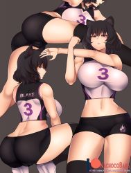 Rule 34 | 1girl, absurdres, animal ears, artist name, ass, bare shoulders, bike shorts, blake belladonna, blush, breasts, buruma, butt crack, cameltoe, cat ears, cat girl, cleft of venus, grey background, highres, huge ass, large breasts, looking at viewer, midriff, multiple views, nachocobana, navel, rwby, shoes, short hair, short shorts, shorts, sneakers, spandex, sportswear, squatting, stomach, stretching, thighs, volleyball uniform
