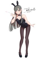 Rule 34 | 1girl, amagamip, animal ears, black bow, black bowtie, black footwear, black leotard, black pantyhose, bow, bowtie, breasts, character name, commentary request, detached collar, fake animal ears, flower, full body, grey eyes, grey hair, hair flower, hair ornament, high heels, highres, idolmaster, idolmaster cinderella girls, kobayakawa sae, leaning forward, leotard, long hair, looking at viewer, one eye closed, pantyhose, playboy bunny, rabbit ears, simple background, small breasts, solo, standing, strapless, strapless leotard, translation request, twitter username, waving, white background, wrist cuffs