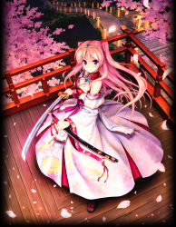 Rule 34 | 1girl, bare shoulders, bekkankou, breasts, cherry blossoms, cleavage, detached sleeves, from above, from side, highres, japanese clothes, katana, kimono, kimono skirt, long hair, looking at viewer, miyaguni akari, night, outdoors, petals, pink hair, purple eyes, sen no hatou tsukisome no kouki, sheath, solo, stairs, sword, two side up, very long hair, weapon