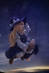 Rule 34 | 1girl, apron, black hat, black skirt, blonde hair, boots, bow, braid, broom, broom riding, brown footwear, commentary request, gunsou1350, hand on headwear, hat, hat bow, highres, kirisame marisa, knee boots, kneehighs, long hair, long sleeves, looking to the side, night, night sky, open mouth, skirt, sky, socks, solo, star (sky), starry sky, touhou, witch, witch hat