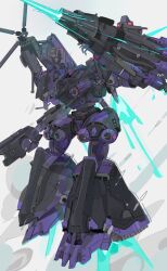 Rule 34 | absurdres, arm up, armored core, armored core 6, full body, highres, holding, holding weapon, laser, mecha, mecha focus, no humans, nslacka, open faith (armored core 6), red eyes, robot, science fiction, shoulder cannon, thrusters, weapon, white background