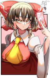 Rule 34 | 1girl, absurdres, ascot, breasts, brown eyes, brown hair, card, detached sleeves, hair ribbon, hair tubes, hakurei reimu, highres, holding, holding card, japanese clothes, kaitojaja19980520, large breasts, looking at viewer, ribbon, sleeveless, solo, touhou, yellow ascot