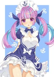 Rule 34 | 1girl, anchor symbol, arms behind back, blush, breasts, cleavage, colored inner hair, drill hair, gloves, hair ribbon, highres, hololive, long hair, looking at viewer, low twintails, maid headdress, medium breasts, minato aqua, minato aqua (1st costume), multicolored hair, no panties, open mouth, purple eyes, purple hair, railgun218, ribbon, simple background, solo, twin drills, twintails, virtual youtuber