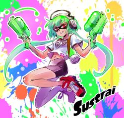Rule 34 | 1girl, character name, commentary request, dual wielding, emerald sustrai, green hair, headphones, holding, iesupa, masked, navel, nintendo, rwby, shoes, short hair, short hair with long locks, shorts, sneakers, solo, splatoon (series), super soaker, twintails