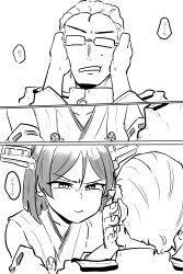Rule 34 | 1boy, 1girl, admiral (kancolle), breasts, buttons, closed mouth, collarbone, comic, commentary, detached sleeves, epaulettes, fingernails, frown, furrowed brow, glasses, greyscale, hair between eyes, hair slicked back, hairband, hands on another&#039;s cheeks, hands on another&#039;s face, headgear, highres, japanese clothes, kantai collection, kirishima (kancolle), military, military uniform, monochrome, naval uniform, no eyewear, nontraditional miko, opaque glasses, poyo (hellmayuge), ribbon, ribbon-trimmed sleeves, ribbon trim, short hair, speech bubble, sweat, translated, uniform