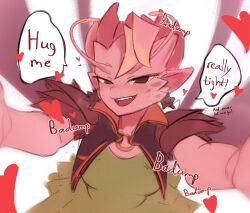 Rule 34 | 1girl, :d, arms up, black eyes, blush, breasts, colored skin, dark willow, dota (series), dota 2, dress, earrings, fang, green dress, heart, highres, jewelry, medium breasts, open mouth, pointy ears, red skin, short hair, smile, solo, sorapoi, speech bubble, teeth, upper teeth only, white background, wings