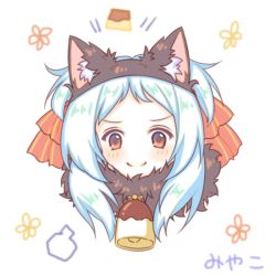 1girl animal_ear_fluff animal_ears bell black_hairband blue_hair blush bow cat_ears closed_mouth fake_animal_ears female_focus food forehead fur_collar hair_bow hairband long_hair miyako_(halloween)_(princess_connect!) miyako_(princess_connect!) parted_bangs portrait princess_connect! pudding red_bow red_eyes sakurato_ototo_shizuku signature simple_background smile solo split_mouth striped_bow white_background