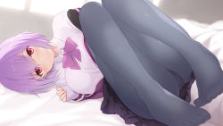 Rule 34 | 1girl, ass, black skirt, blush, bow, breasts, button gap, cait aron, cardigan, closed mouth, collared shirt, commentary request, feet, gridman universe, highres, jacket, light purple hair, long sleeves, looking at viewer, lying, no shoes, off shoulder, on side, panties, panties under pantyhose, pantyhose, purple bow, purple jacket, purple neckwear, shinjou akane, shirt, skirt, sleeves past wrists, smile, solo, ssss.gridman, underwear, white cardigan, white shirt