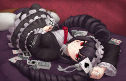 Rule 34 | 1girl, ace (playing card), ace of clubs, ace of diamonds, ace of spades, bad id, bad pixiv id, black hair, black nails, black pantyhose, blush, bonnet, breasts, card, celestia ludenberg, claw ring, club (shape), commentary request, danganronpa: trigger happy havoc, danganronpa (series), diamond (shape), drill hair, frills, gothic lolita, hairband, highres, holding, jack (playing card), jack of spades, jjilbabmaen, king (playing card), king of clubs, king of spades, large breasts, lolita fashion, long hair, long sleeves, looking at viewer, lying, nail polish, necktie, on bed, pantyhose, pillow, playing card, queen (playing card), queen of spades, red eyes, red necktie, smile, solo, spade (shape), twin drills, twintails