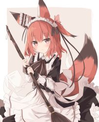 Rule 34 | 1girl, animal ears, apron, black dress, black hair, broom, closed mouth, commentary request, dress, fox ears, fox girl, fox tail, frilled dress, frills, grey background, highres, holding, holding broom, kushida you, layered sleeves, long sleeves, looking at viewer, maid, maid apron, maid headdress, multicolored hair, one side up, original, puffy short sleeves, puffy sleeves, red eyes, red hair, short over long sleeves, short sleeves, solo, streaked hair, tail, two-tone background, white apron, white background