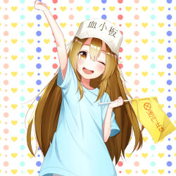 Rule 34 | 10s, 1girl, ;d, absurdres, arm up, blue shirt, blush, brown eyes, brown hair, character name, commentary request, flag, flat cap, hair between eyes, hat, hataraku saibou, heart, heart background, highres, holding, holding flag, long hair, multicolored polka dots, one eye closed, open mouth, platelet (hataraku saibou), polka dot, polka dot background, round teeth, shirt, short sleeves, smile, solo, teeth, the cold, upper teeth only, very long hair, white background, white hat