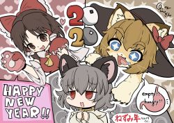 Rule 34 | 2020, absurdres, animal ears, benikurage (cookie), black headwear, blonde hair, blue eyes, blush, bow, brown eyes, brown hair, cat, chinese zodiac, claws, commentary request, cookie (touhou), detached sleeves, frilled bow, frills, furrification, furry, furry female, gloves, grey hair, hair between eyes, hair bow, hakurei reimu, happy new year, hat, heart, heart background, highres, kirisame marisa, kitsune kemono, looking at another, medium hair, meguru (cookie), mouse ears, nazrin, nervous, new year, nyon (cookie), open mouth, parted bangs, red bow, red eyes, red gloves, red shirt, shirt, short hair, sleeveless, sleeveless shirt, star (symbol), starry background, stomach (organ), tongue, tongue out, touhou, trembling, upper body, whiskers, white sleeves, witch hat, year of the rat