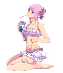 Rule 34 | 1girl, bare shoulders, blue eyes, blush, breasts, cleavage, commentary request, full body, ishiwari, looking at viewer, medium breasts, miki sauvester, pink hair, short hair, sitting, solo, star ocean, star ocean integrity and faithlessness, swimsuit