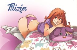 Rule 34 | 1girl, absurdres, ass, breasts, curvy, highres, huge ass, large breasts, lips, long hair, looking at viewer, panties, pedro perez, pink panties, red hair, stuffed animal, stuffed toy, thong, title, trizia (character), trizia (pedro perez), underwear, wedgie, wide hips