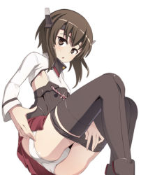 Rule 34 | 10s, 1girl, bike shorts, bike shorts pull, black thighhighs, brown eyes, brown hair, cameltoe, caryo, from below, headband, headgear, kantai collection, long legs, looking at viewer, nanashino, panties, parted lips, pleated skirt, short hair, short shorts, shorts, simple background, skirt, solo, taihou (kancolle), thighhighs, underwear, undressing, white background, white panties